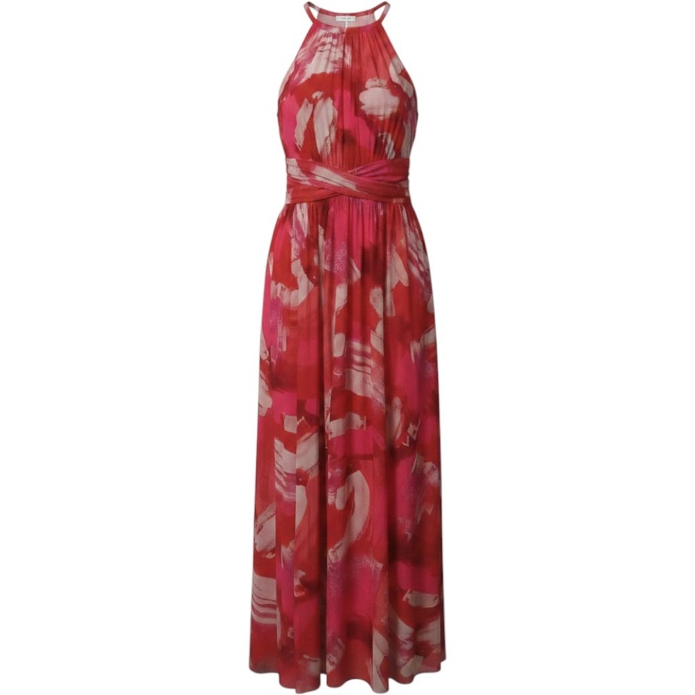 London Times Red Pink Abstract Print Halter Maxi RuchedWedding CruiseBoho Size10